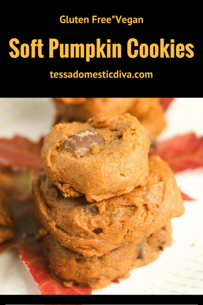 optimized for pinterest stacked gluten free soft pumpkin cookies studded with chocolate chips on a fall colored maple leaf